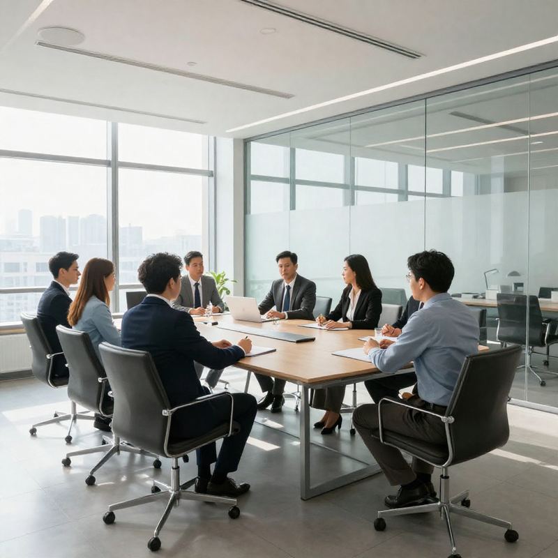 Equipe reunida em sala de reunião com vista para a cidade